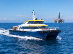 crew boat racing toward offshore platform